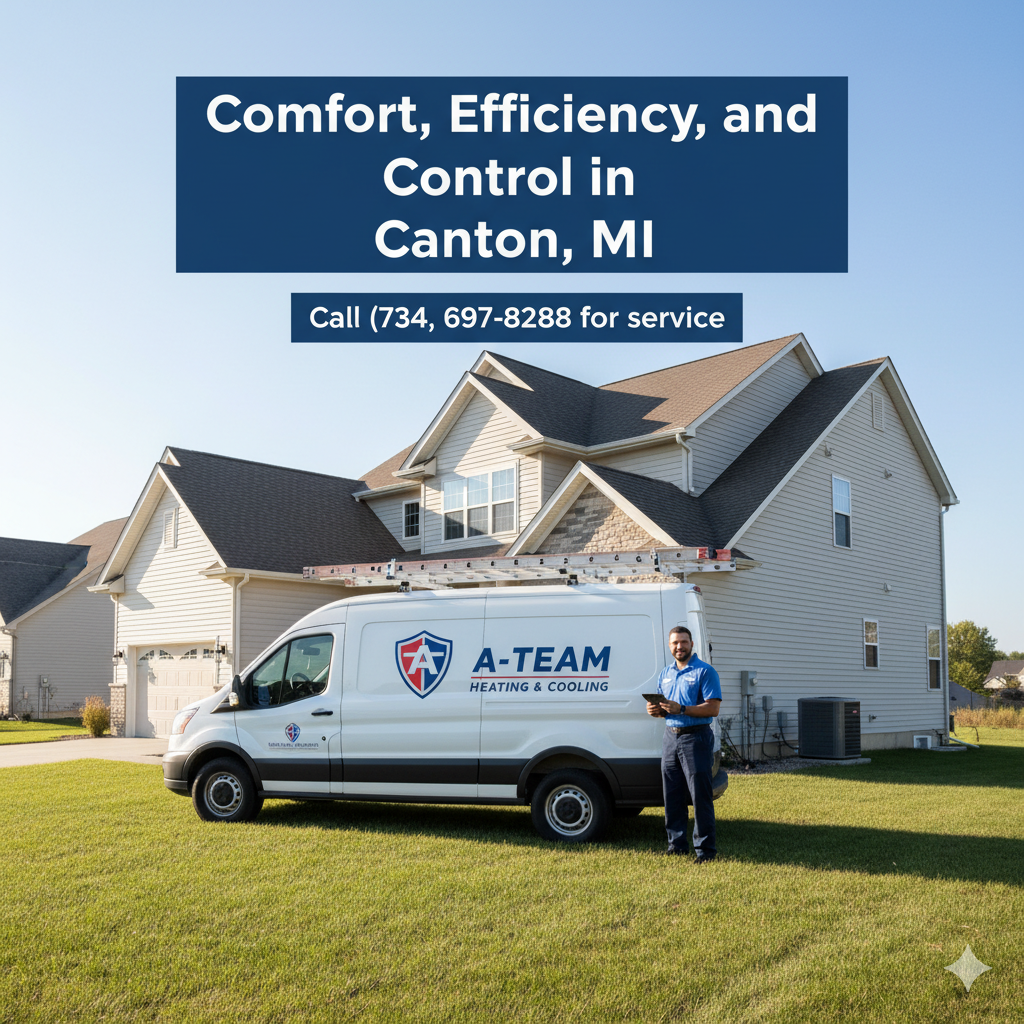 Comfort, Efficiency, and Control in Canton, MI by A-Team Heating & Cooling. Call (734) 697-8288 for service.
