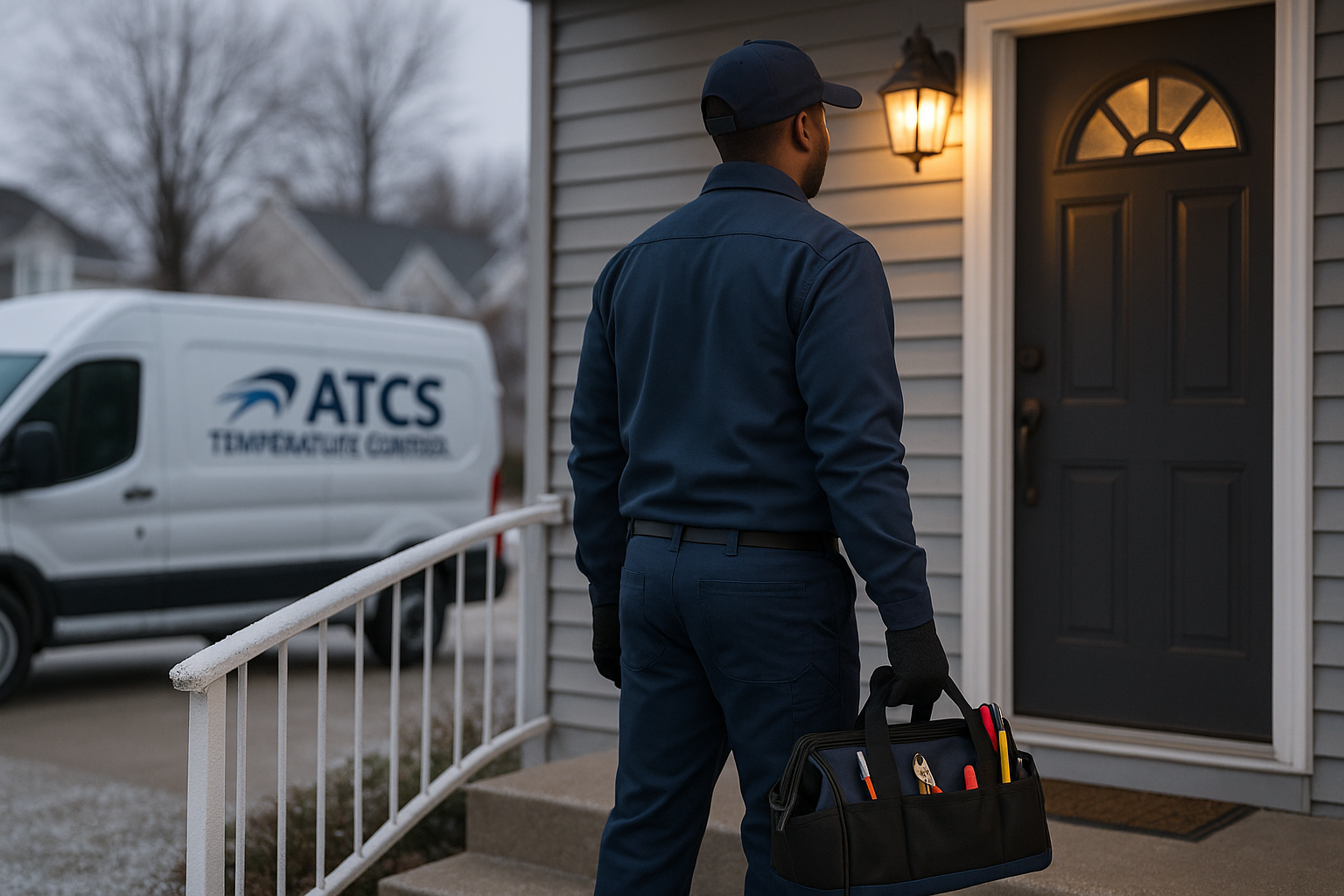 HVAC technician greeting Belleville family at front door, Air Temperature Control Systems call 734-697-8288